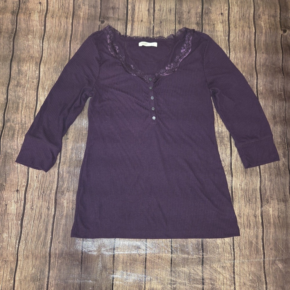 Old Navy Lace Trim Henley Top L Purple Ribbed 3/4 Sleeve Bella Swan Y2K
